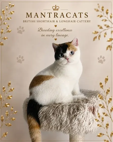 British Shorthair calicó ojos azules de Mantra Cats para familias en América Latina