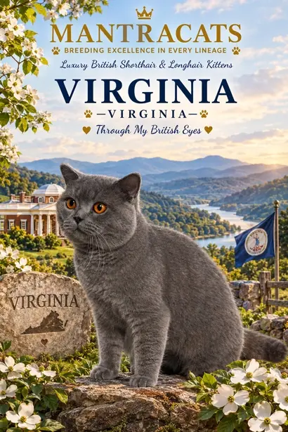 British Shorthair cat in Virginia landscape for Mantra Cats